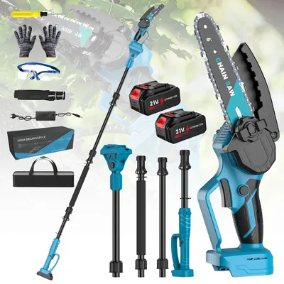 Image de Scie de jardin 2-en-1 - scie télescopique sans fil pour élaguer et mini-tronçonneuse - lame de 15 cm - manche télescopique de 2 m - 2 batteries 21 V - prise UE
