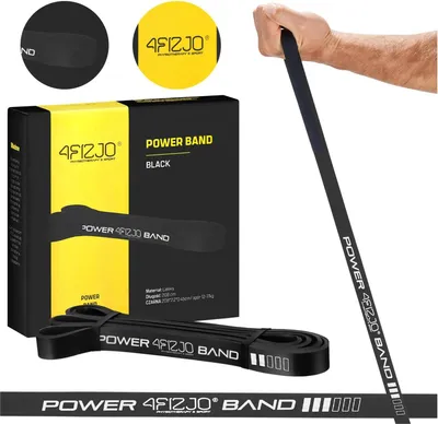 A black resistance band is shown with its packaging and a hand holding it.