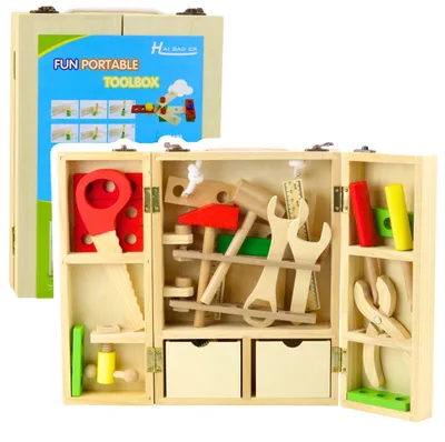 Immagine prodotto di Piccolo set di attrezzi multifunzione, valigetta in legno con 35 pezzi.