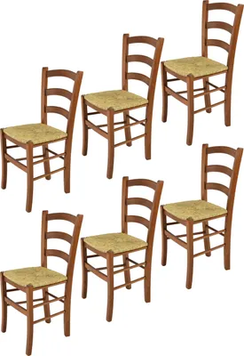 Produktbild von t m c s Tommychairs - 6er Set Stühle VENICE für Küche und Esszimmer, robuste Struktur aus lackiertem Buchenholz im Farbton Helles Nussbraun und Sitzfläche aus Stroh