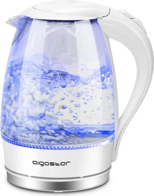 Produktbild von Wasserkocher Glas 1,7L Weiß mit LED-Beleuchtung, Kalkfilter, 2200W, Abschaltautomatik, Trockenschutz, Edelstahl Heizelement, 360° Basis
