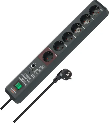 Productafbeelding van Brennenstuhl Secure-Tec 19.500A overspanningsbeveiligde stekkerdoos met automatische schakeling, 6-voudig, antraciet, 3 meter kabel (H05VV-F 3G1,5), 1 master-stekker, 5 slave-stekkers, artikelnummer 1159490966