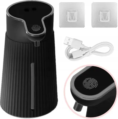 A black automatic soap dispenser with accessories.