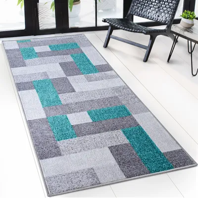 Produktbild von Teppich-Läufer auf Maß New York Graues Design mit Farbakzenten in Türkis 80 x 200 cm
