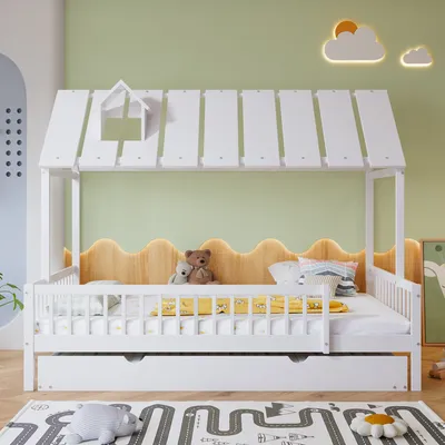 Obrázek produktu pro okwish Dětská postel jednolůžko 120x200 cm s rolovací postelí 120x190 cm, masivní dřevěná postel s třístranným ochranným zábradlím a krbovou lištou, postel pro mládež s ochranou proti pádu (bez matrace) - bílá