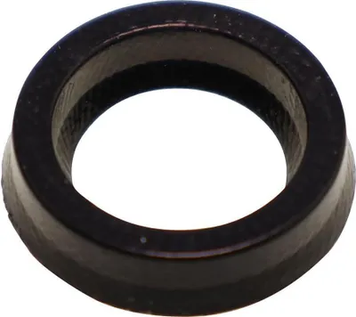 A close-up studio shot of a black ring-shaped object against a white background.