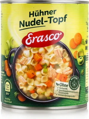 A can of Erasco Hühner Nudel-Topf soup with a close-up of the soup contents.