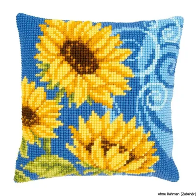 Produktbild von Vervaco Kreuzstichkissen "Sonnenblumen auf Blau", Stickbild vorgezeichnet
