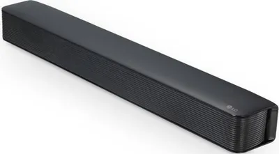 A black LG soundbar is shown against a white background.