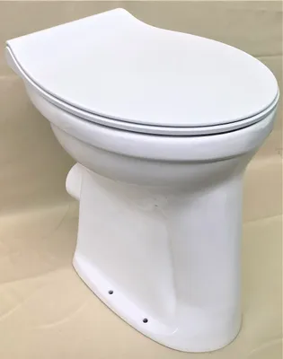 A white toilet is shown from a side angle against a light beige background.