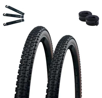 Produktbild von 2 x Schwalbe G-One Ultrabite Faltreifen Performance ADDIX RaceGuard TLE E-25 Schwarz/Bronze 50-622 (28 x 2.00) + 2 x Schwalbe Schläuche DV19 inkl. maxxi4you Reifenheber