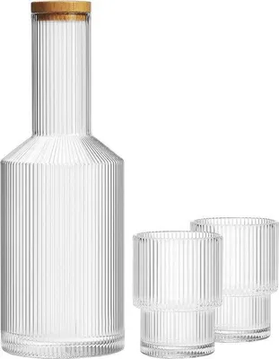 Produktbild von Gläsernes Nachttischkaraffe mit Deckel und geriffelter Wasserflasche - 28 oz Vintage-Wasserflasche