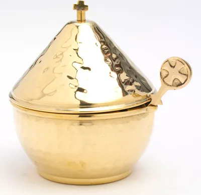 Produktbild von Weihrauch Schiffchen mit Löffel und Deckel Messing Gold (Höhe 14 cm)