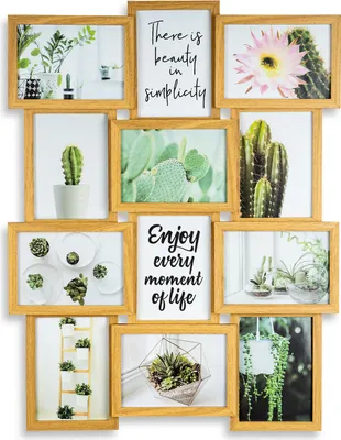 A collage of photos featuring various plants and inspirational quotes, framed in a wooden collage frame.
