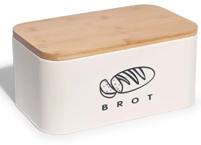 Produktbild von Retro-Brotbox mit Bambusdeckel und Schneidebrett