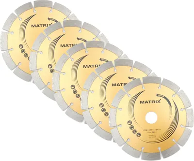 A group of five circular saw blades with segmented edges, arranged diagonally on a white background.