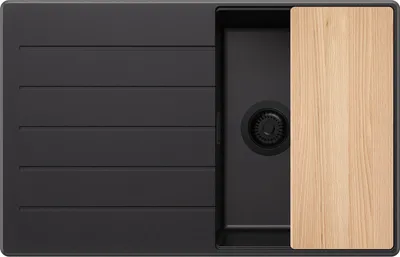 Produktbild von PRIMAGRAN Spülbecken Alles Schwarz 78x50cm, Granitspüle 1 Becken + Ablauf-Set + Schneidebrett, Küchenspüle ab 45er Unterschrank - Kopenhagen