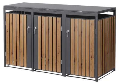 Immagine prodotto di Contenitore per bidoni della spazzatura ML-Design, modello a 3 scomparti, per 3 bidoni da 240 litri, dimensioni 200x80x120 cm, finitura antracite effetto legno, acciaio, resistente agli agenti atmosferici/con chiusura a chiave