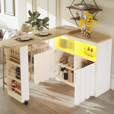 Zdjęcie produktu dla Składany stolik barowy z miejscem do przechowywania i oświetleniem LED, biały, 135-205 x 39 x 100 cm