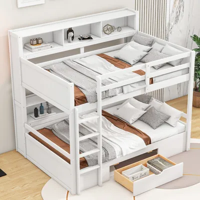 Produktbild von Odikalo Hochbett 90x200 Einzelbetten, 2-Kinder Kinderbett, Etagenbett mit 2 Schublade/Staufächern, Ohne Matratze, Weiß