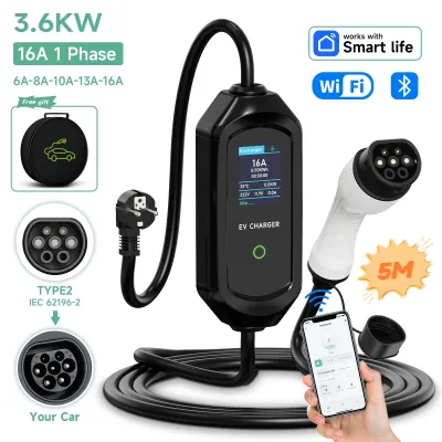 Immagine prodotto di Caricabatterie portatile per auto elettriche - Tipo 2 (IEC 62196-2) - Cavo di ricarica da 5 metri - Corrente regolabile: 6/8/10/13/16 A - Potenza: 3,6 kW - Grado di protezione: IP65 - Tensione: 110–240 V