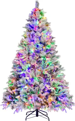 A flocked artificial Christmas tree with colorful lights.
