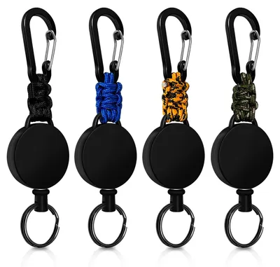 Image de Porte-clés extensible, 4 cordons extensibles, porte-carte avec câble en acier de 60 cm (noir + vert olive + bleu + orange-noir)