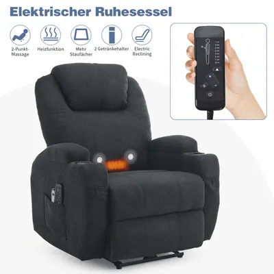 A dark gray electric massage chair with various features highlighted by icons and text.