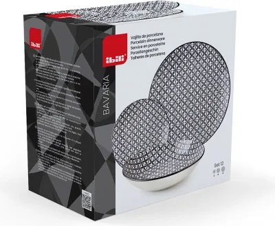 Produktbild von Ibili Bavaria Tafelservice, Porzellan, 12-teilig, Schwarz/Weiß