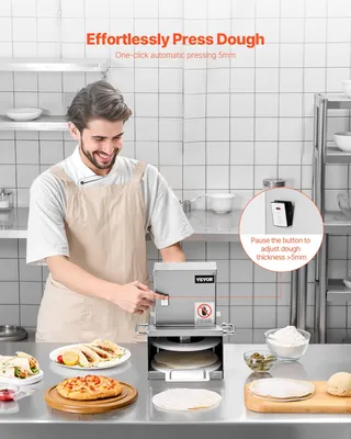 Produktbild von VEVOR Elektrische Pizzateigpresse, 6 Zoll Pizzateigpressplatte, Edelstahl Brotpresse, einstellbare Dicke, kommerzielle Formmaschine, mit 100 Stück Backpapier