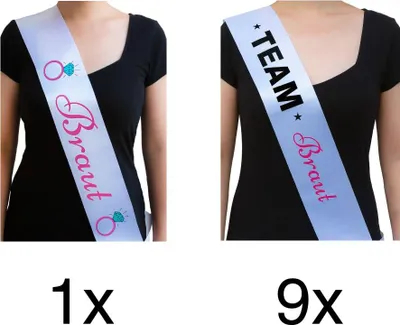 Produktbild von Oblique Unique Schärpe Braut + Team Braut Set JGA Hen Party Bride to be Ringe weiß