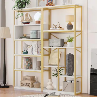 Zdjęcie produktu dla Nowoczesna, wolnostojąca regałka z metalu i MDF, stabilna i łatwa w utrzymaniu, kolor złoty i biały, wymiary: 160 x 29,5 x 180 cm