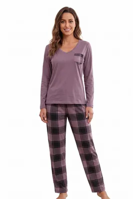 Produktbild von Damen Schlafanzug Pyjama Set 100% Baumwolle Brusttasche 2tlg V-Ausschnitt L-3XL, KI-generiertes Bild
