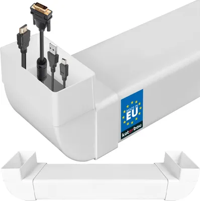 A white cable management channel with various cables plugged into it, and a separate piece of the channel below. A 'Made in EU' sticker is visible on the channel.