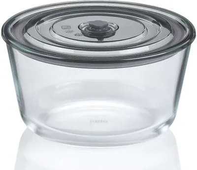 A clear studio shot of a glass food storage container with a lid.