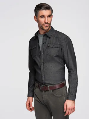 Produktbild von Männer Jeanshemd mit Knöpfen und Taschen - schwarz V3 OM-SHDS-0210 L