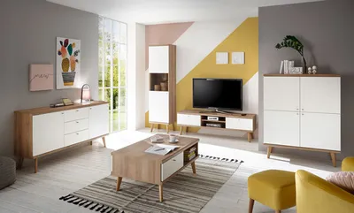 Produktbild von Wohnzimmer Set Merle 477cm eiche riviera / weiß matt Wohnwand Sideboard