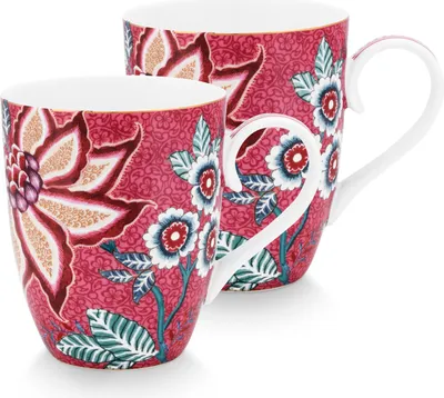 Produktbild von PIP STUDIO Flower Festival Henkelbecher dark pink 350 ml Set2