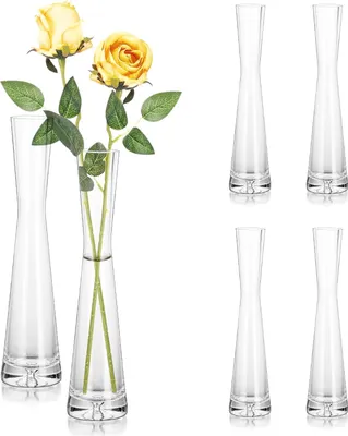 Produktbild von Glas Blumenvasen Set von 6 Gläsernen Vasen für Blumen 24cm Hoch Bud Vase Klare Kristallene Einzelne Stalen Vase für Tafelpresentation Große Dünne Blumenvasen für Wohnzimmer Hochzeitsdekoration
