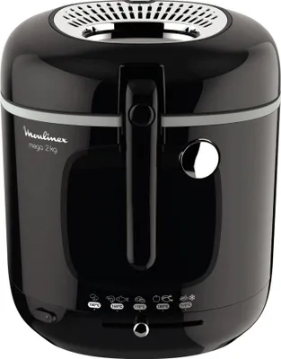 A black Moulinex Mega 2kg deep fryer is shown from the front.