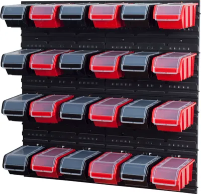 Produktbild von Stapelboxen Set 4 x Wandregal  Lagersystem + 24 Boxen in schwarz und rot