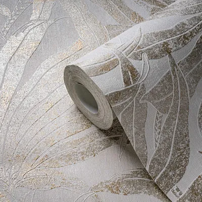 Produktbild von Bemusterte Dschungelblütentapete– Beige, Gold, Silber