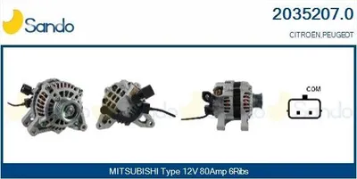 Produktbild von SANDO 2035207.0 Lichtmaschine Generator LiMa 80A 12V passend für PEUGEOT 206 Schrägheck (2A/C) 207 (WA, WC) 206 CC (2D) 307 CC (3B) 207 SW (WK) 307