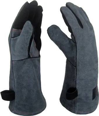 Produktbild von 40 cm lange Grillhandschuhe aus Leder zum Kochen und Grillen, hitzebeständig und für verschiedene Aufgaben in der Küche geeignet