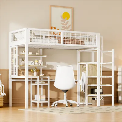 Produktbild von Jugendbett Hochbett 90x200 mit Sicherheitsleiter, Kinderbett mit Eisenrahmen Kleiderschrank und Computertisch Weiß