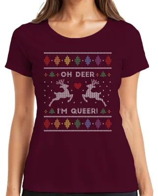 Zdjęcie produktu dla Oh Deer I'm Queer LGBTQ X.pngas - Damska koszulka świąteczna z brzydkim swetrem, bordowy, XL
