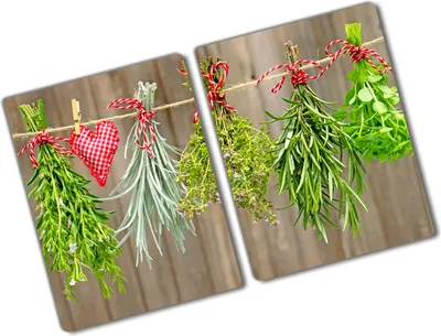 Produktbild von Tulup Glas Herdabdeckplatte - 2x40x52 cm - Glaskeramikkochfeld-Abdeckung Spritzschutz Glasabdeckplatte Kochplattenabdeckung und Schneidebrett - Zweiteilig - Essen & Getränke - Kräuter Schnur - Grün