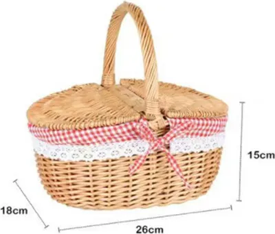 Zdjęcie produktu dla Wiklinowy kosz piknikowy w stylu wiejskim z pokrywą, uchwytem i wyściółką na pikniki, imprezy i grille