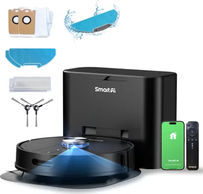 A collection of robot vacuum cleaner accessories and the main unit are displayed against a white background.
