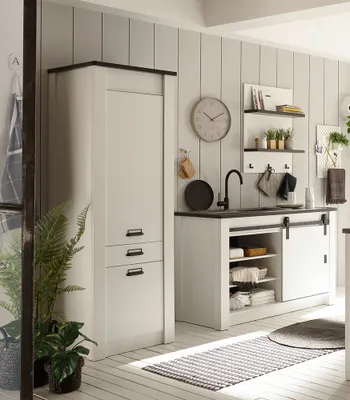 Produktbild von Küchen Set mit Stauraumschrank, Regal und Unterschrank SHELTON-61 in Pinie weiß Nb. mit anthrazit